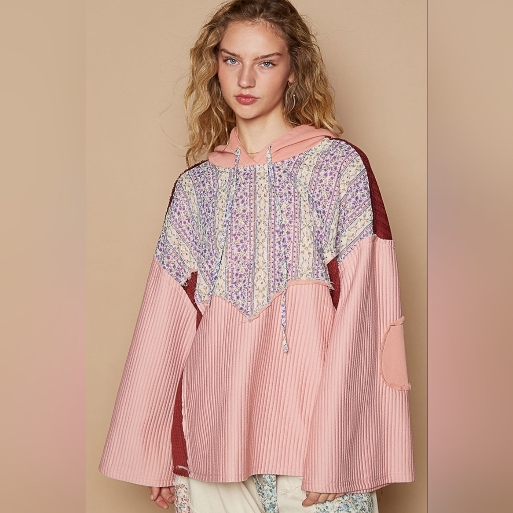 POL Patchwork Floral Sweatshirt, Flare Sleeves, Pink And Purple, New